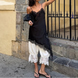 Combhasaki Women Floral Lace Trim Satin High Low Vest Silk Spaghetti Strap Side Split Asymmetrical Cami Flowy Silky Layering Top