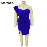 CM.YAYA Plus Size Women Ruffles Shoulder Sleeveless Bodycon Midi Dress 2023 Fashion INS Curve Sexy Party Club Dresses Vestidos