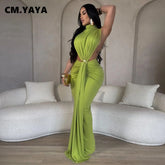 CM.YAYA Women O-neck High Split Ruched Stacked Bodycon Midi Maxi Dress 2024 Evening Party Club Vestidos Sexy Chic Long Dresses