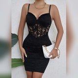 Black Sleeveless Backless 2024 Y2k Skirt Crop Floral Lace Sexy Hollowing Mesh See Through V-Neck Bodycon Hotsweet Party Dress