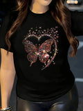 Chic Valentine's Day Butterfly Heart Print Casual T-Shirt for Women Clothing TopSoft Polyester, Crew Neck, Short Sleeve, Black