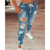 American New Fashion Women’s Slim Washed Solid Color Hole Patched Jeans Pants Casual Trendy High Street Denim Trousers Female