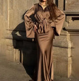 2025 Spring New Polo Satin Strap Horn Sleeve Shirt, Hip Wrapping Skirt Set for Women