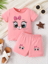 0-3 year old baby girl round neck short sleeved cute cartoon cat pattern top simple shorts two-piece set for spring and summer