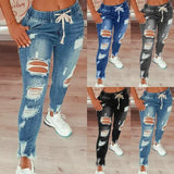 American New Fashion Women’s Slim Washed Solid Color Hole Patched Jeans Pants Casual Trendy High Street Denim Trousers Female