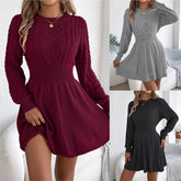 Autumn And Winter 2025 Europe And America Solid Color Fried Dough Twists Waist Lantern Long Sleeve Wool Dress A-line Dress Dress