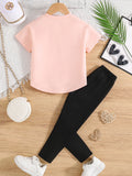 A summer fashion 2-piece set for girls featuring a new heart-shaped round-neck printed top and solid-color casual pants