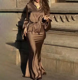 2025 Spring New Polo Satin Strap Horn Sleeve Shirt, Hip Wrapping Skirt Set for Women