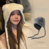 Cute teddy bear plush hat for women, winter warm and face enhancing, small knitted woolen hat