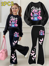 Disney Children's Hooded Sweater and Flared Pants Set, Shiny Stacked Stitch Printed Two-piece Set, Suitable for Daily Casual Wea