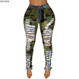 2019 New Autumn Winter Female Denim Pants Women Skinny Hole Spliced Camouflage Print Jeans Sexy Pencil Bandage Trousers