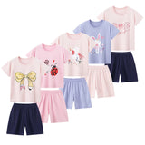 2-Pcs Children's Short-sleeved Shorts Suit Girl Sweet And Lovely Pink Round Neck Shirt Casual Joker Shorts Casual And Comfortabl