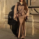 2025 Spring New Polo Satin Strap Horn Sleeve Shirt, Hip Wrapping Skirt Set for Women