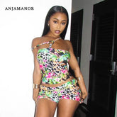 ANJAMANOR Baddie 2 Piece Sets Flower Print Asymmetrical Crop Top and Shorts 2025 Summer Outfit Sexy Beach Wear D85-BD13