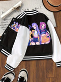 Christmas-Themed Short Baseball Jacket for Girls with a "Anime Idol Girl Group" Design, Trendy Clothing for Girls, Sportswear for Older Children, Casual Wear for Home and Outings, Versatile