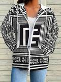 2026 Spring and Autumn Leisure Style Abstract Geometric Black and White Pattern Hooded Jacket