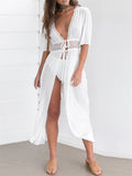 2025 Summer Bikini Cover-ups Women Bohemian Beach Long Dress Short Sleeve Lace Hollow Out Cardigan Swimwear Cover Ups Beachwear