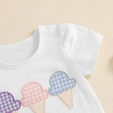 Toddler Baby Girl Summer Clothes Ice Cream Applique Embroidery Short Sleeve Round Neck Tops + Plaid Print Ruffled Shorts