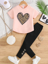 A summer fashion 2-piece set for girls featuring a new heart-shaped round-neck printed top and solid-color casual pants