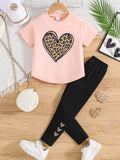 A summer fashion 2-piece set for girls featuring a new heart-shaped round-neck printed top and solid-color casual pants