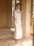 2025 Summer Fashion New Women's Elegant Banquet Style Elegant Solid Color Stacked Collar Sleeveless Sexy Party Style Long Dress