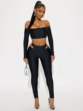 Cutenew Tight Slash Neck 2 Piece Set Women Crop Tops+High-Waist Hollow Leggings Matching Streetwear Casual Sporty Outfits