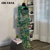CM.YAYA Women Draped V-neck Cutout Front Ruched Stacked Bodycon Midi Long Maxi Dress 2025 Night Club Party Vestidos Sexy Dresses