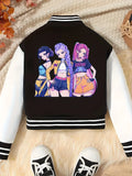 Christmas-Themed Short Baseball Jacket for Girls with a "Anime Idol Girl Group" Design, Trendy Clothing for Girls, Sportswear for Older Children, Casual Wear for Home and Outings, Versatile