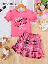 Summer 4-8 Years Old Glasses Printed Short Sleeved Shirt Half Length Skirt 2-Piece Set