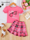 Summer 4-8 Years Old Glasses Printed Short Sleeved Shirt Half Length Skirt 2-Piece Set