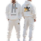 Autumn and Winter Printed New Men's Velvet Hoodie, Work Clothes, Pants Set, Sports Fashion, Leisure Multi Pocket 2-piece Set