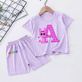Cute Sprunkis Girl Baby Purple Pajamas Set Pinki Letter A-Z Anime Game Print Sleepwear Kids Thin Short Sleeve Tops Shorts Pajama