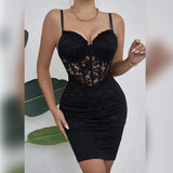 Black Sleeveless Backless 2024 Y2k Skirt Crop Floral Lace Sexy Hollowing Mesh See Through V-Neck Bodycon Hotsweet Party Dress