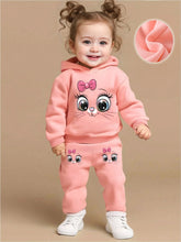 Baby girl cute cartoon cat pattern long sleeved fleece hooded sweatshirt+casual simple pants set, spring and autumn two-piece se