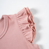 Baby Girl Solid Color Set Cartoon Glasses Printed Ruffle Edge Short Sleeves+Shorts Set Children's Shorts Daily Wear