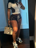 Women Sets Outfit Summer Streetwear Panelled Two Tone Slim Sports Short Sleeve Shorts Suits Zip Crop Tops Casual 2 Two Piece Set
