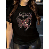 Chic Valentine's Day Butterfly Heart Print Casual T-Shirt for Women Clothing TopSoft Polyester, Crew Neck, Short Sleeve, Black