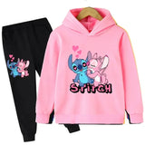 Autumn and Winter Children Disney Cute Stitch Print Hooded Sweatshirt Suit Boys Girls Casual Comfortable Long Sleeve + Pants Set