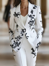 (2pcs Set) Elegant Fashionable And Casual Women's Suit Set, Flower Print Suit Blazer Jacket + Solid Color Women's Trousers Two-piece Set, Can Be Worn In All Seasons, Stretch Fabric, Soft And Comfortable