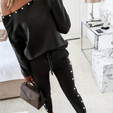 Women Beaded Cold Shoulder Long Sleeve Top & Drawstring Pants two piece set