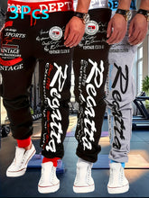 3pcs Men's Active Stretch Joggers - Breathable Elastic Waistband Sweatpants with Pockets, Vintage Lettering & Regatta Print Design, Red/Black/White for Outdoor Activities & Casual Wear, Everyday Comfort Pants, Sports Activewe