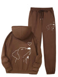 Women's Autumn and Winter Fleece-Lined Hoodie Set with Dog Print, Fashion Long Sleeve Sweatshirt Outfit