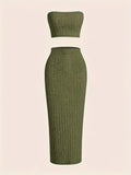 Women Solid Casual Tube Top & Bodycon Long Length Skirt Two-piece Set