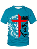 1pc Men'S Plus Size Christian T-Shirt, Faith Man Religious Lion Graphic Tee, Inspirational Religious Apparel, Casual Sports Crew Neck Top, 95% Polyester 5% Spandex Knit Fabric with Slight Stretch