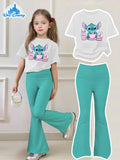 Girls Disney Cartoon Print Short Sleeve T-Shirt and Flare Pants Set