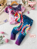 Girls Cartoon Unicorn Graphic Short Sleeve shirt Fake Pocket Denim Pants Set