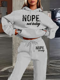 Women Casual Polyester Two-Piece"NOPE Not Today" Letter Print, Hooded Sweatshirt with Pockets & Drawstring Joggers