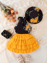 Baby's Elegant Flower Pattern 2pcs Summer Outfit, Halter Neck Sleeveless Top & Hat & Tiered Skirt Set, Toddler & Infant Girl's Clothes For Daily/Holiday/Party, Outdoor Cloth