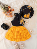 Baby's Elegant Flower Pattern 2pcs Summer Outfit, Halter Neck Sleeveless Top & Hat & Tiered Skirt Set, Toddler & Infant Girl's Clothes For Daily/Holiday/Party, Outdoor Cloth
