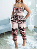 Women Plus Size Casual Tie Dye V Neck Crop Tank Top & Drawstring Pants Pockets Two Piece Set
